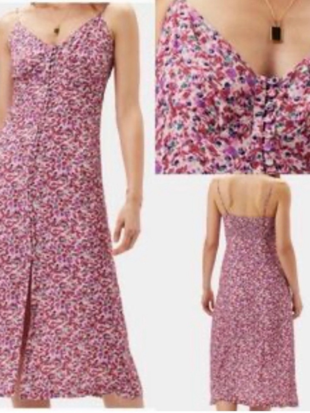 Amour Vert Pink Floral Midi Slip Dress with Front Button Detail